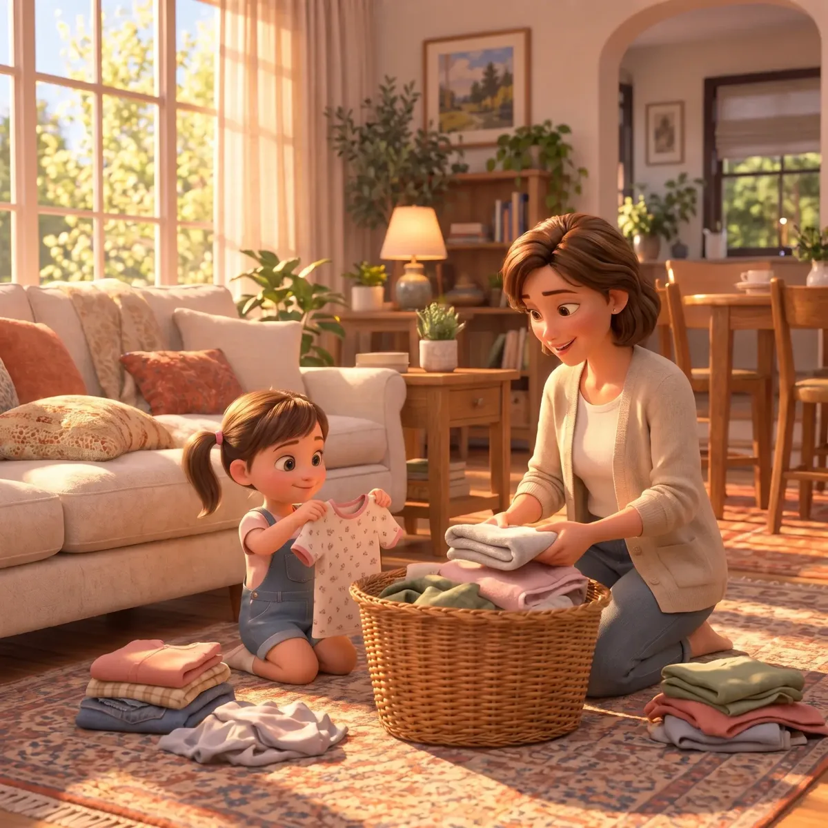 A little girl folding laundry with her mom in a sunny living room
