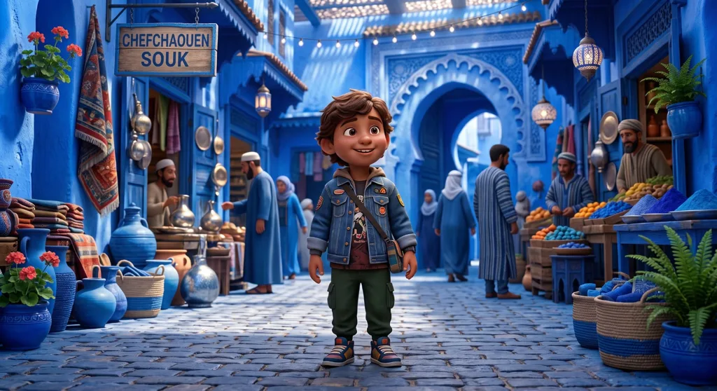 A boy exploring a blue-painted market street in Chefchaouen