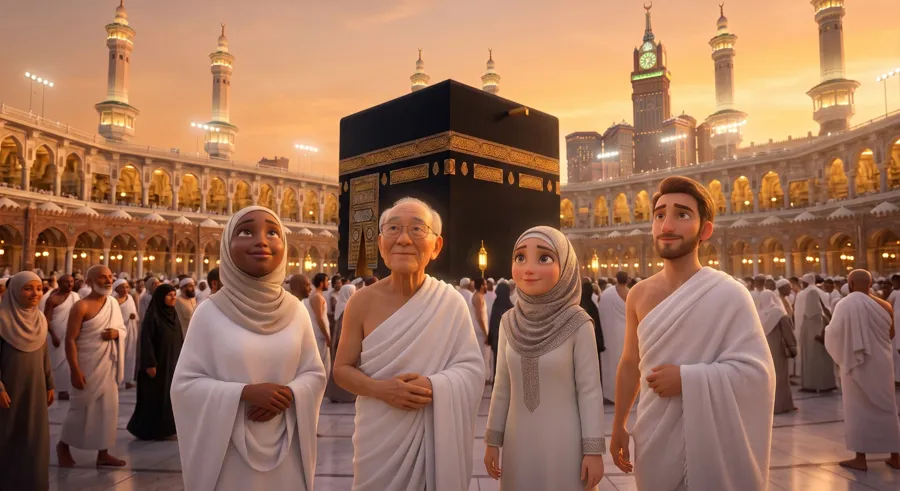 A family of pilgrims standing before the Kaaba at golden hour