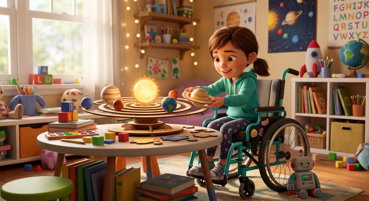 A girl in a wheelchair building a wooden solar system model
