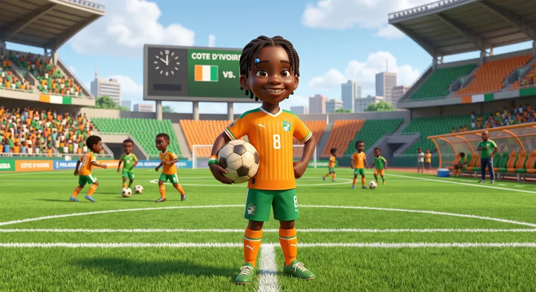 A boy holding a football in a Côte d'Ivoire stadium