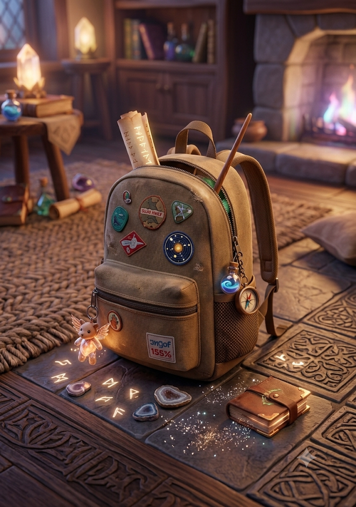Podcast artwork: an adventurer's backpack with glowing charms in a cozy room