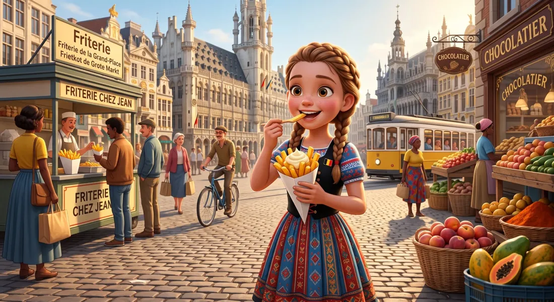 A girl eating fries in the Grand-Place, Brussels