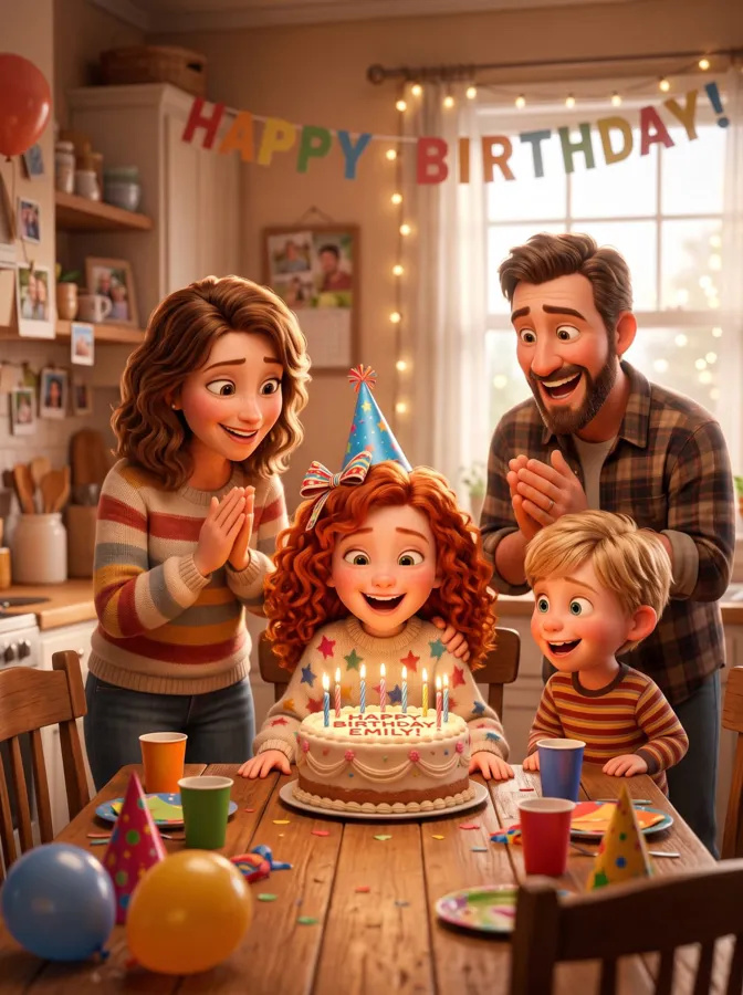A girl in a party hat smiling at her birthday cake with her family