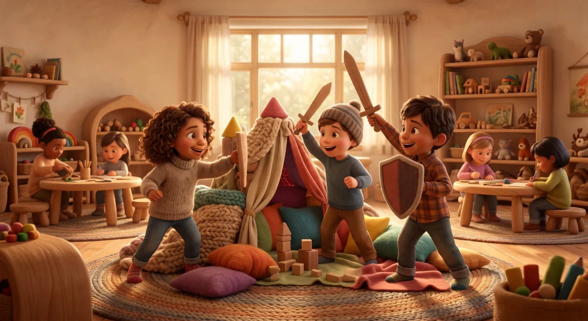 Kids playing knights with wooden swords by a cozy blanket fort in a warm playroom