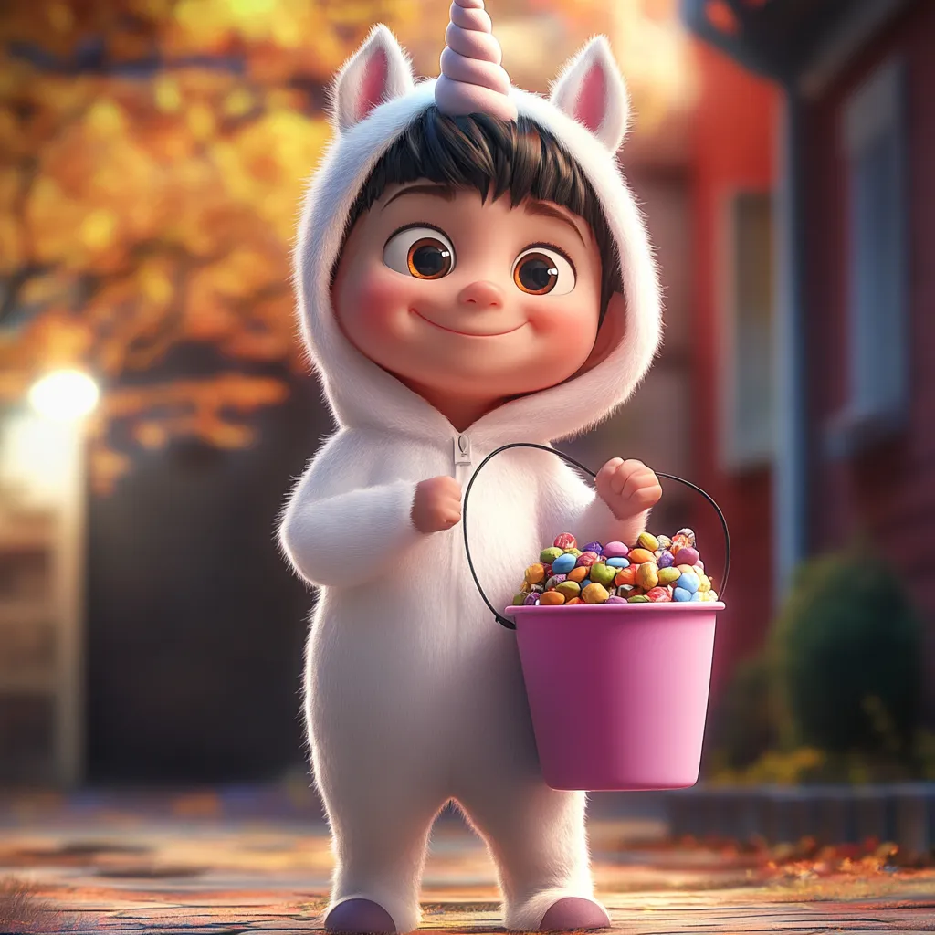 A smiling toddler in a white unicorn costume holding a pink bucket of candy
