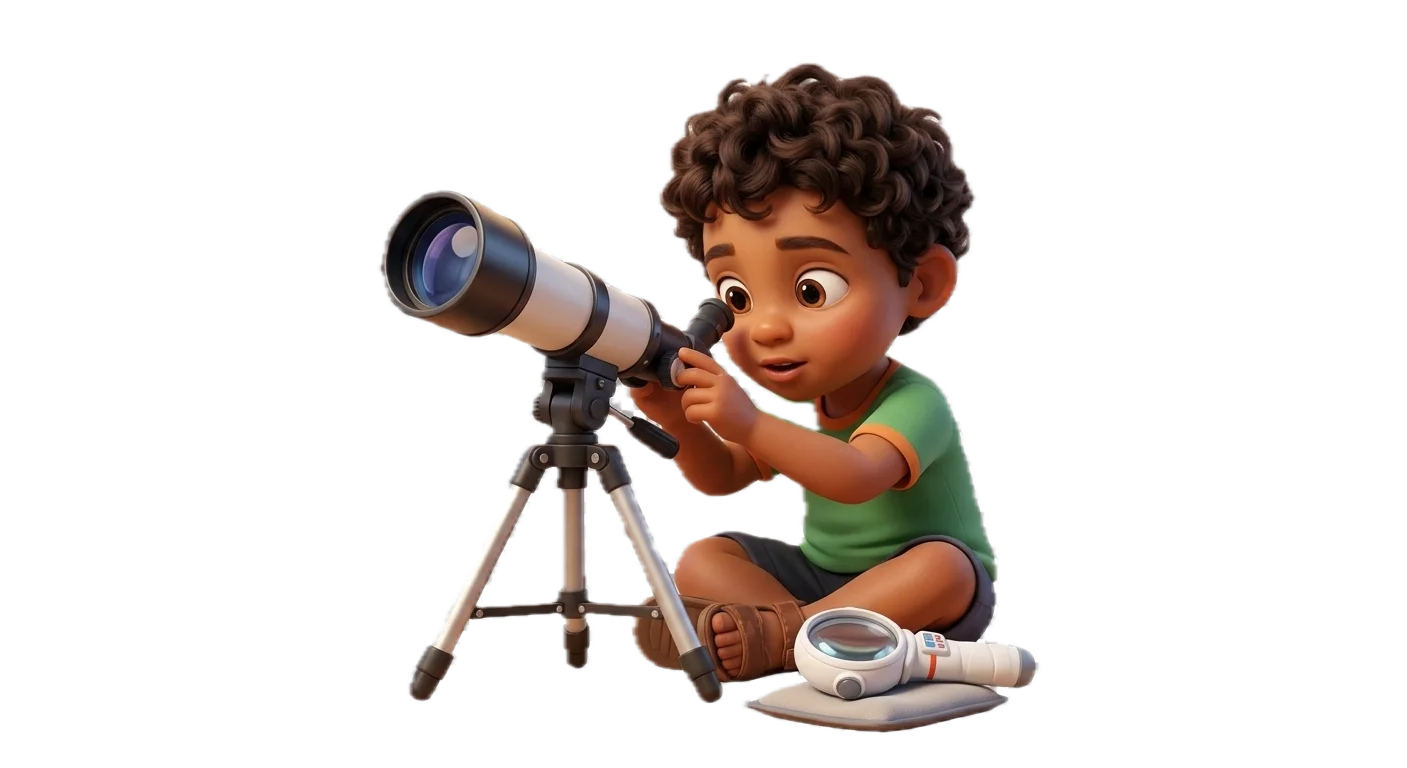 A curly-haired boy sitting cross-legged, looking through a telescope, with a magnifying glass beside him
