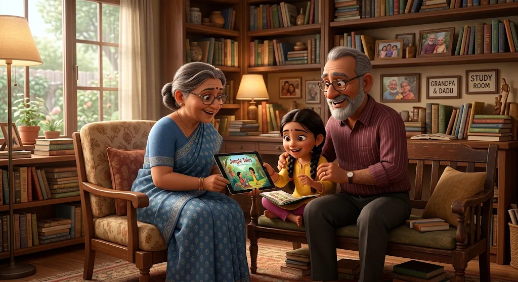 Grandparents and a young girl reading a storybook together on a tablet in a cozy home library