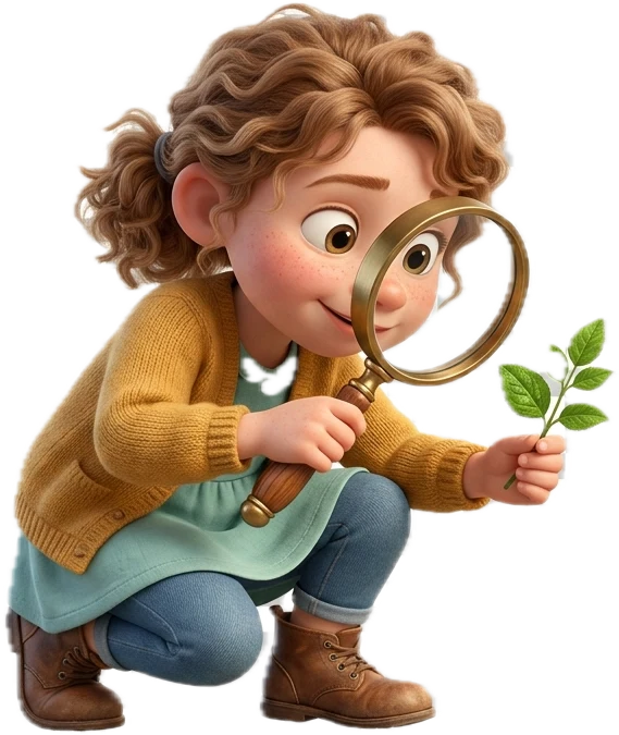 Nookly illustration of a curious child examining a leaf through a magnifying glass.