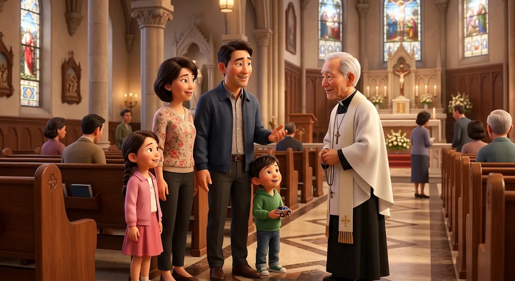 A family chatting with their priest inside a church after the service