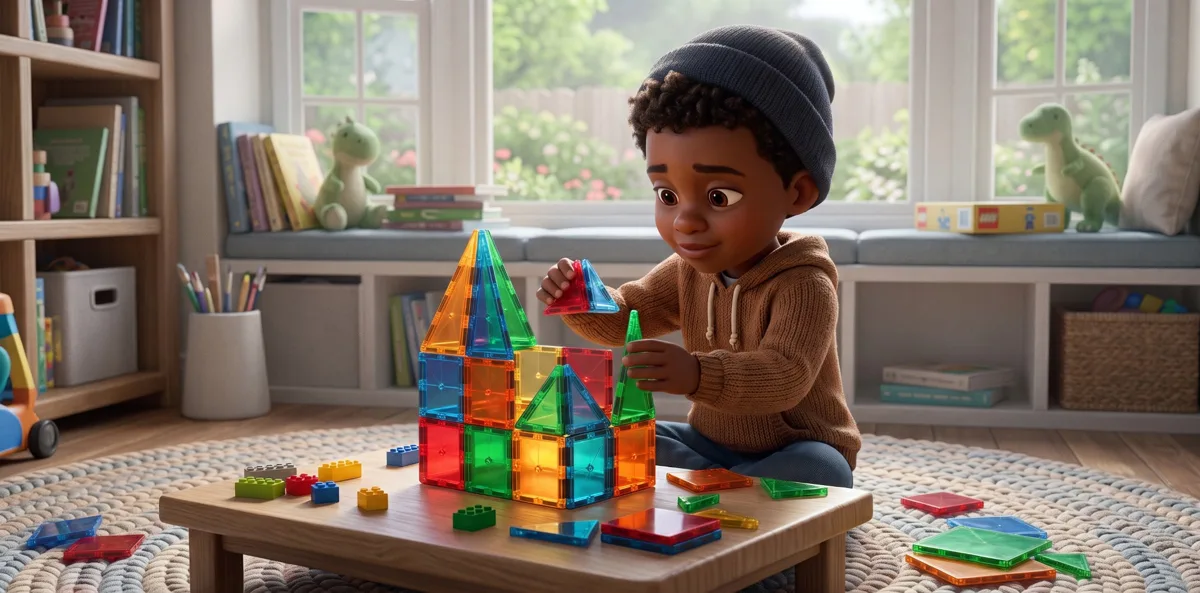 A boy in a beanie building a colorful magnetic-tile castle on a low playroom table