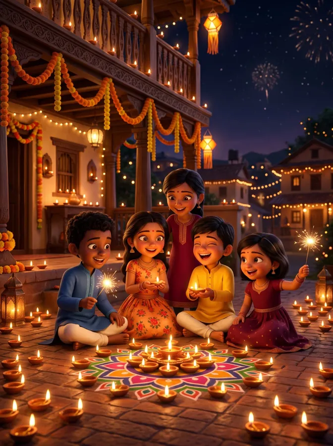 Children holding diyas and sparklers around a rangoli on Diwali night
