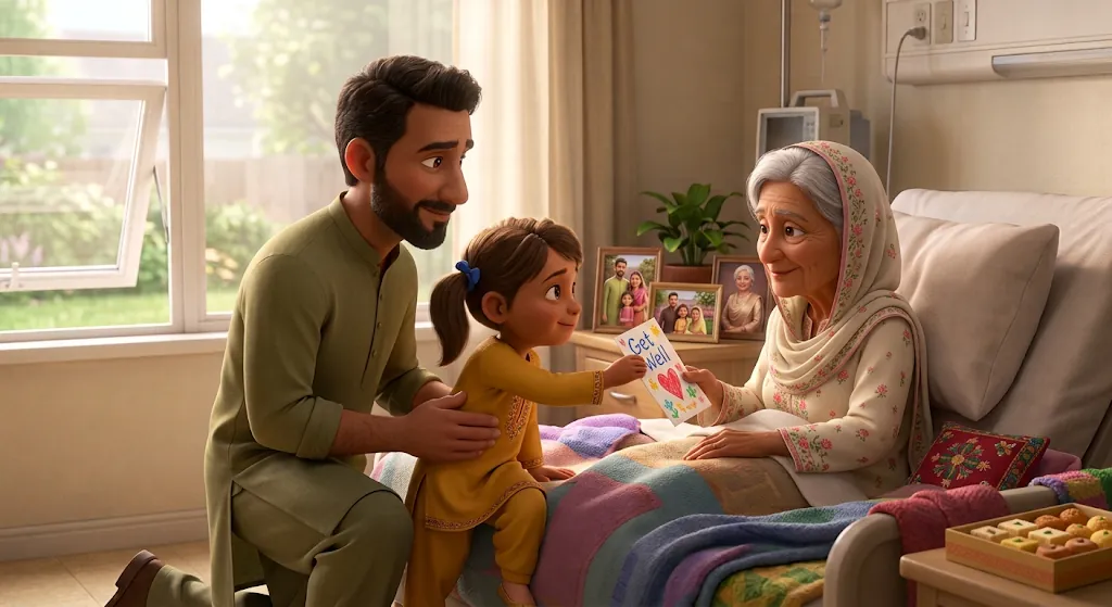A girl and her father giving a handmade get-well card to her grandmother in a hospital bed