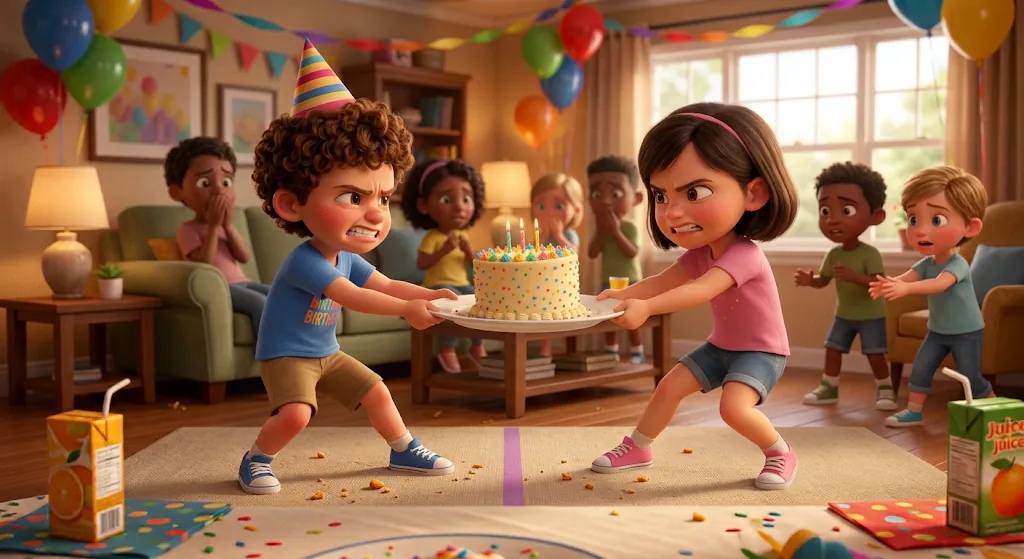 Two kids tugging a birthday cake between them while friends watch