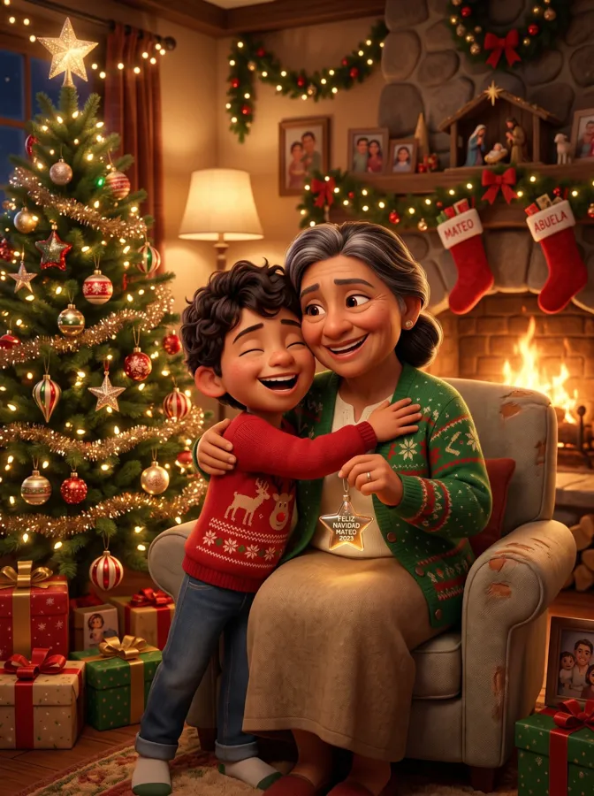 A boy hugging his grandmother by the Christmas tree and fireplace