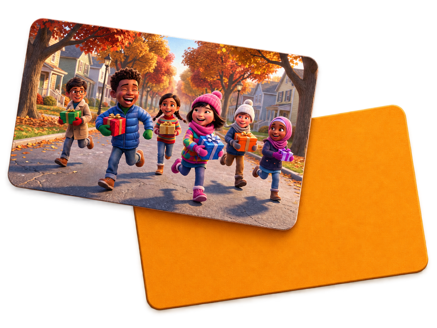 Two Nookly gift cards: one showing an illustration of six children of different backgrounds carrying wrapped presents down a tree-lined street, and one plain orange card behind it.