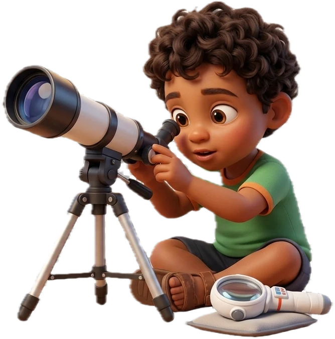 A child sitting on the floor looking through a telescope, with a magnifying glass beside them.