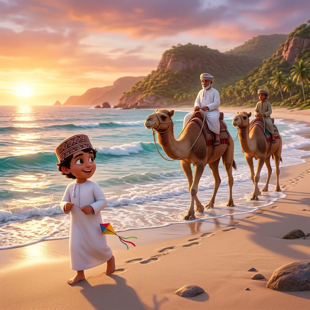 A boy with a kite on the beach at sunset as his family rides camels along the shore