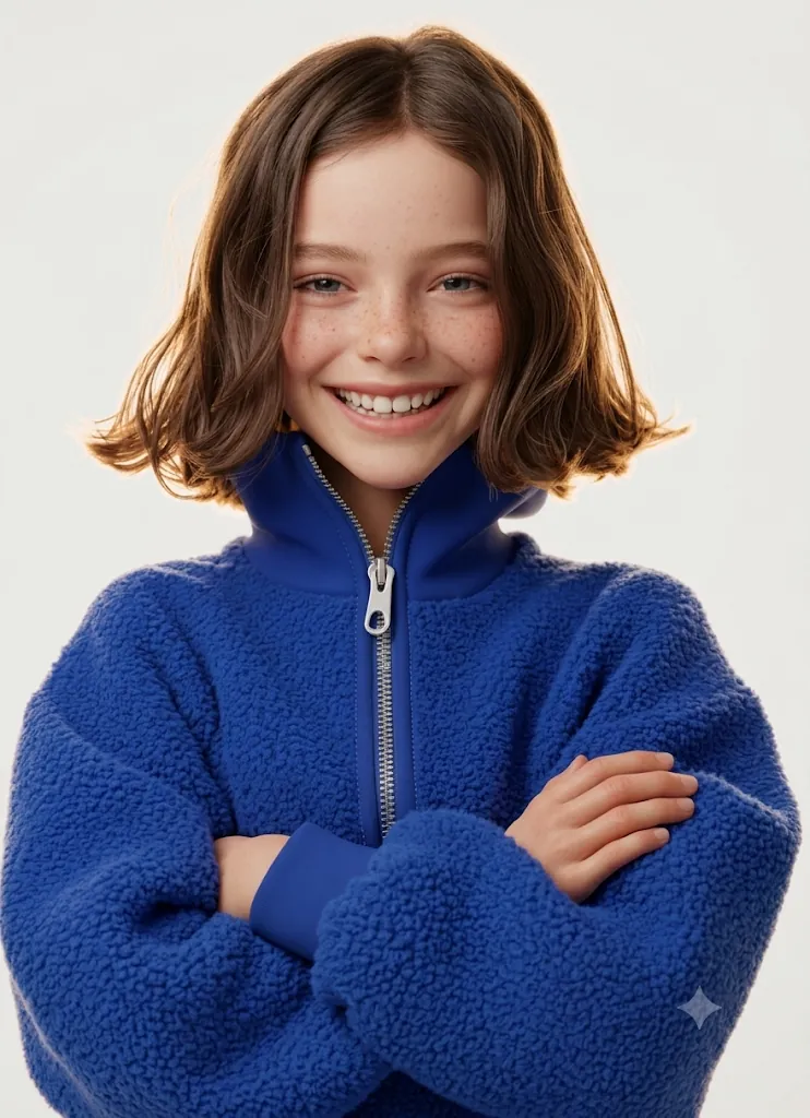 Game card: a smiling child in a blue fleece jacket with arms crossed