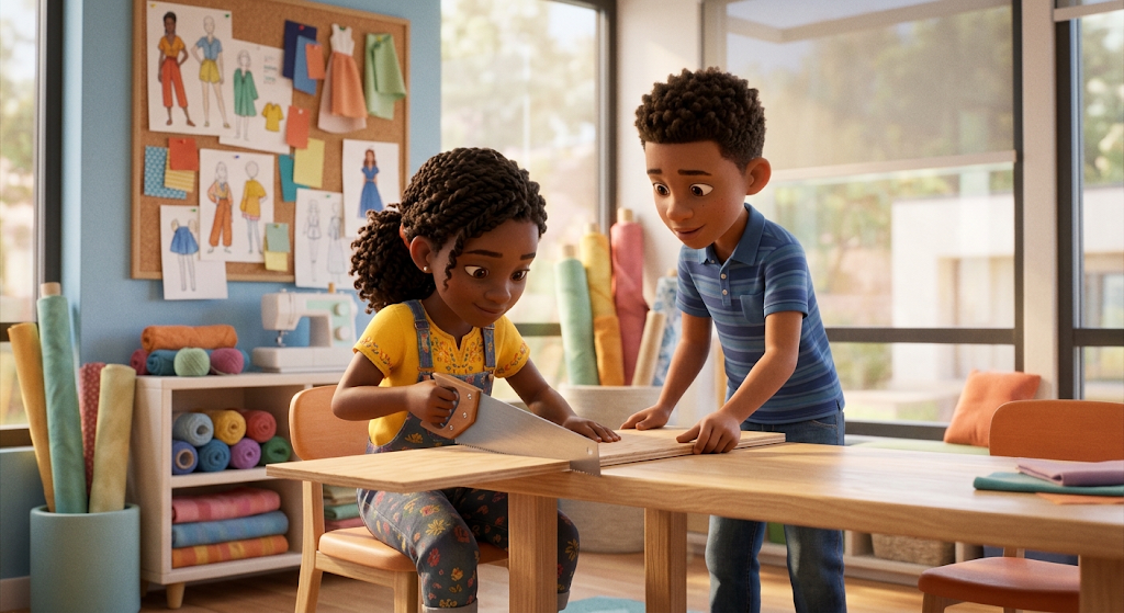 A girl sawing a plank while a boy holds it steady at a workshop table
