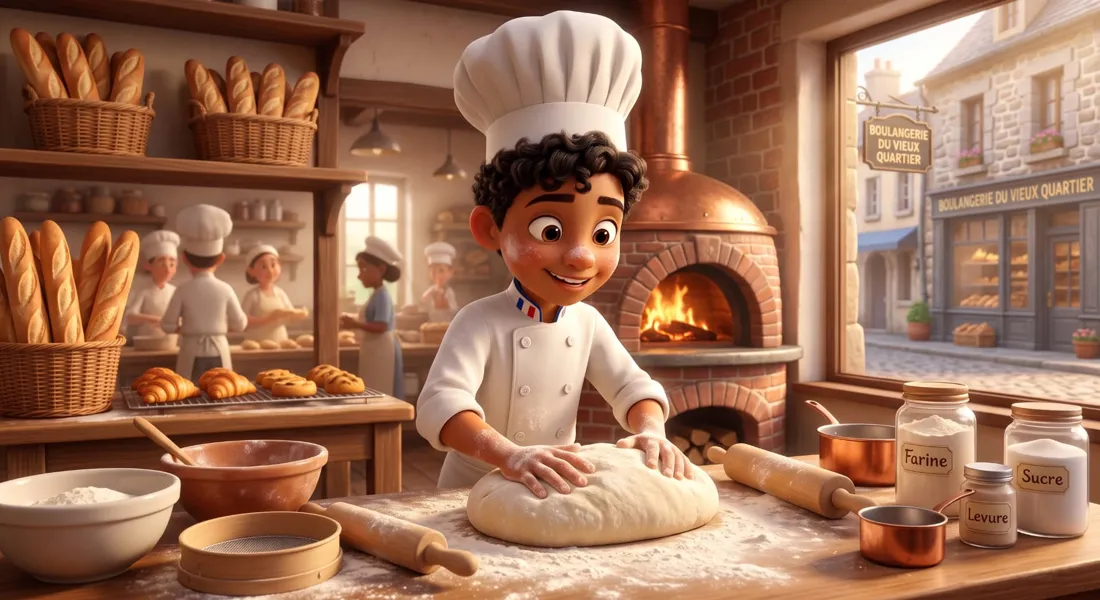 A boy kneading dough in a French bakery