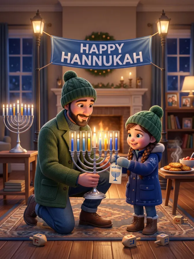 A dad and daughter lighting the menorah together under a Happy Hanukkah banner