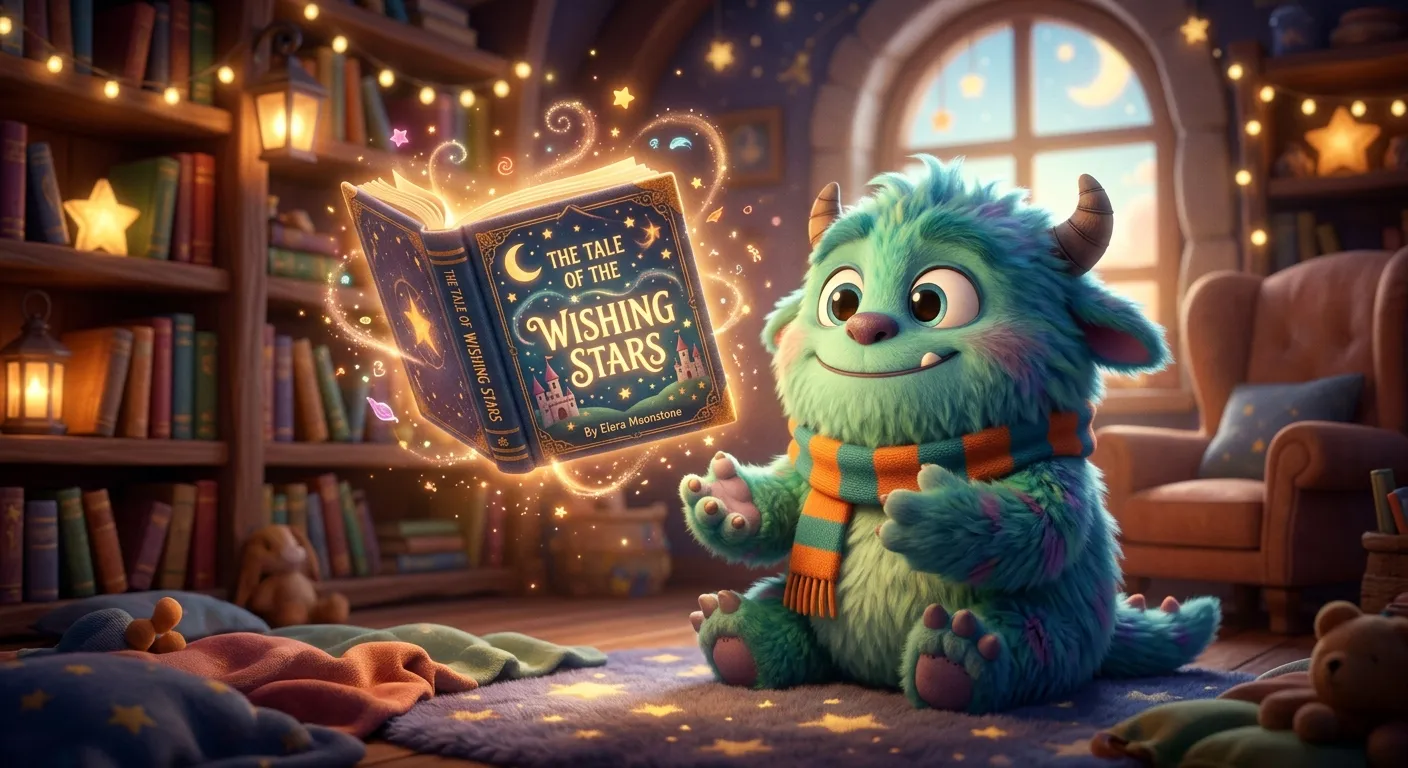 A fuzzy green monster in a striped scarf smiling at a glowing storybook in a cozy reading nook