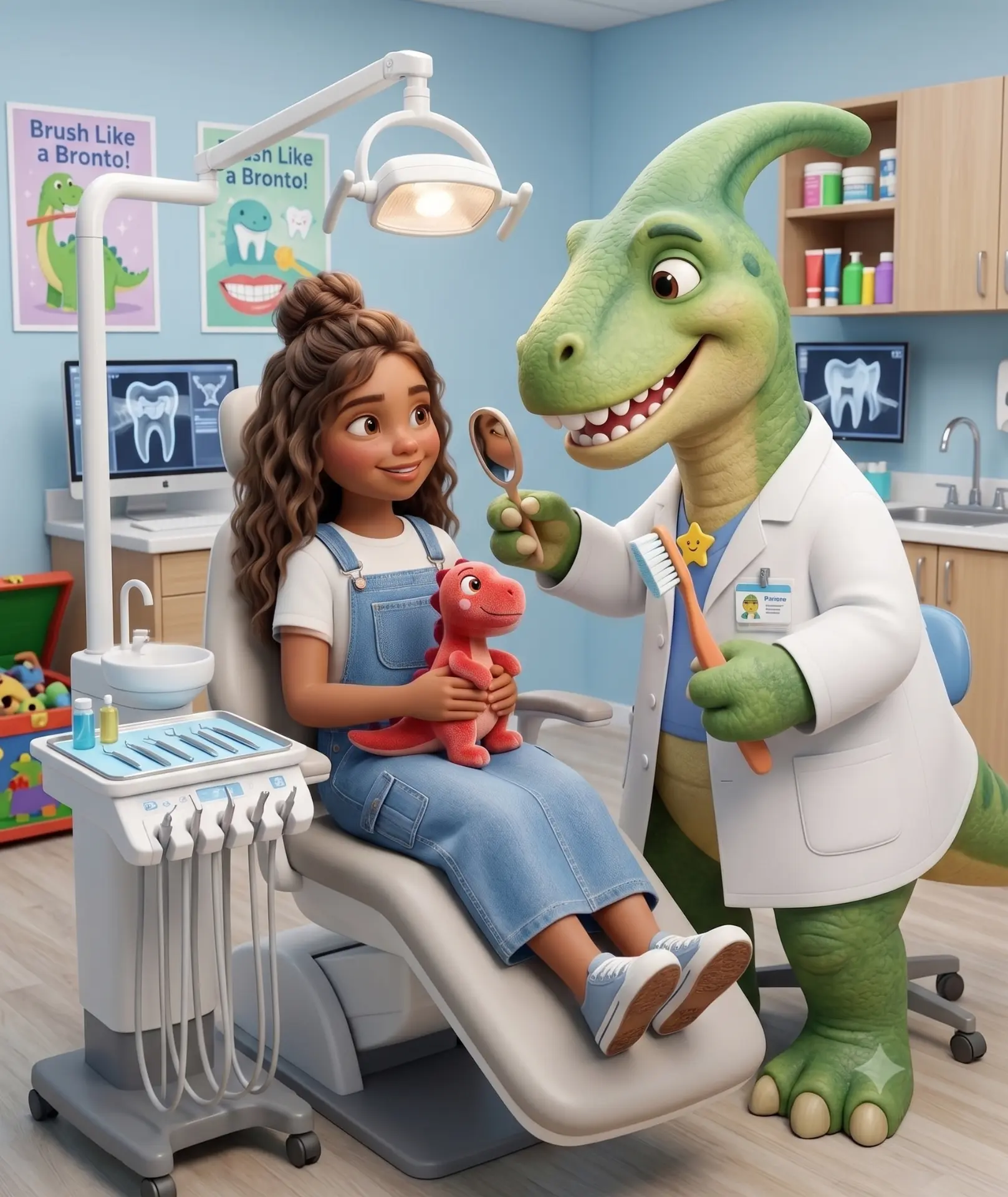 Storybook cover: a friendly dinosaur dentist showing a girl her smile in a mirror