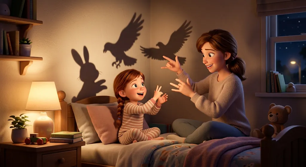 A mother and daughter making hand shadow animals on a bedroom wall at night