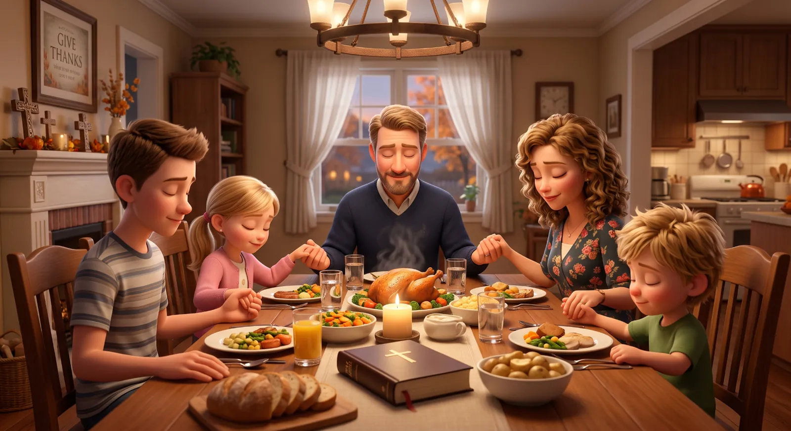 A family holding hands in prayer around the dinner table