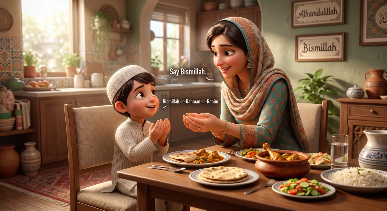 A mother teaching her son to say Bismillah before a family meal