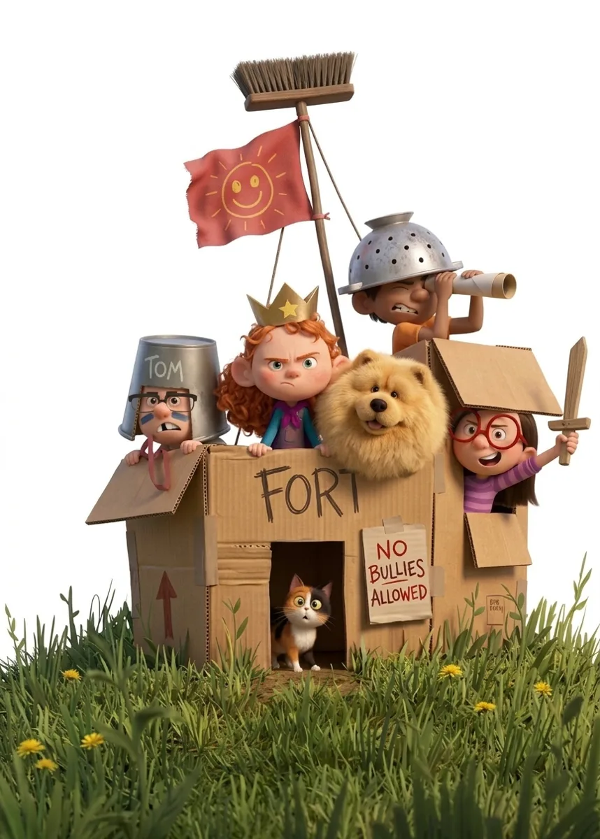 Kids, a fluffy dog and a cat peeking out of a homemade cardboard fort in the grass