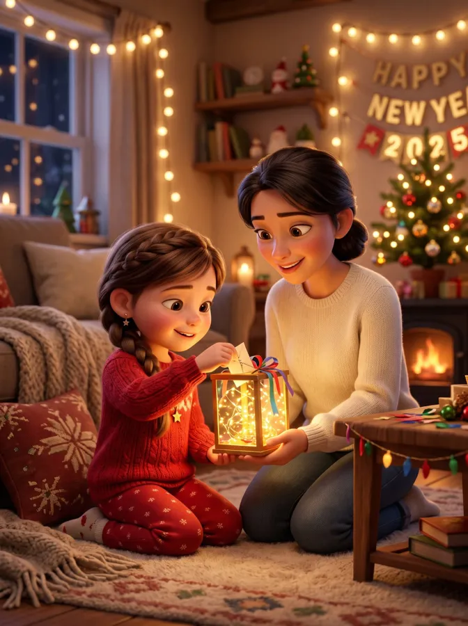 A girl and her mom slipping a wish note into a glowing lantern box on New Year's Eve