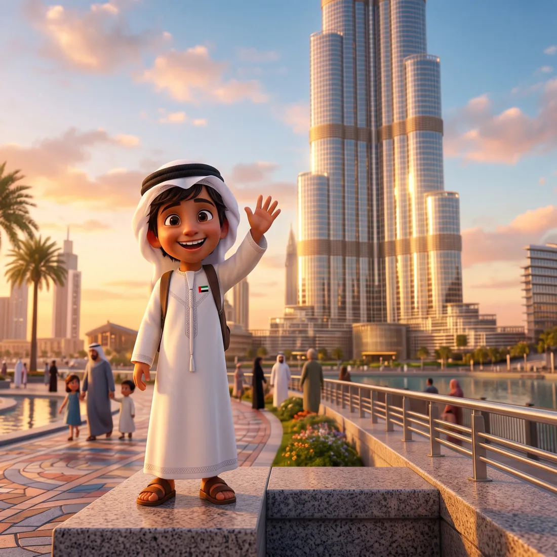 A boy in a white kandura waving beside the Burj Khalifa in Dubai