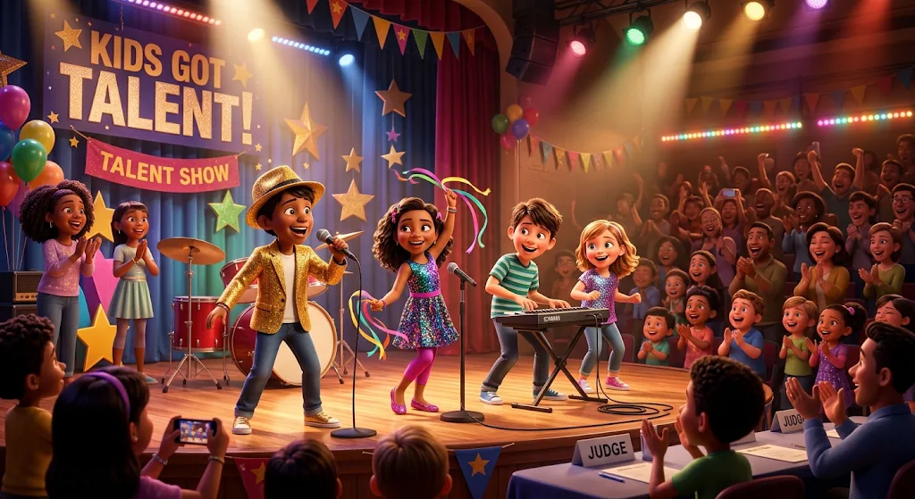 Kids performing on stage at a colorful talent show while a crowd cheers