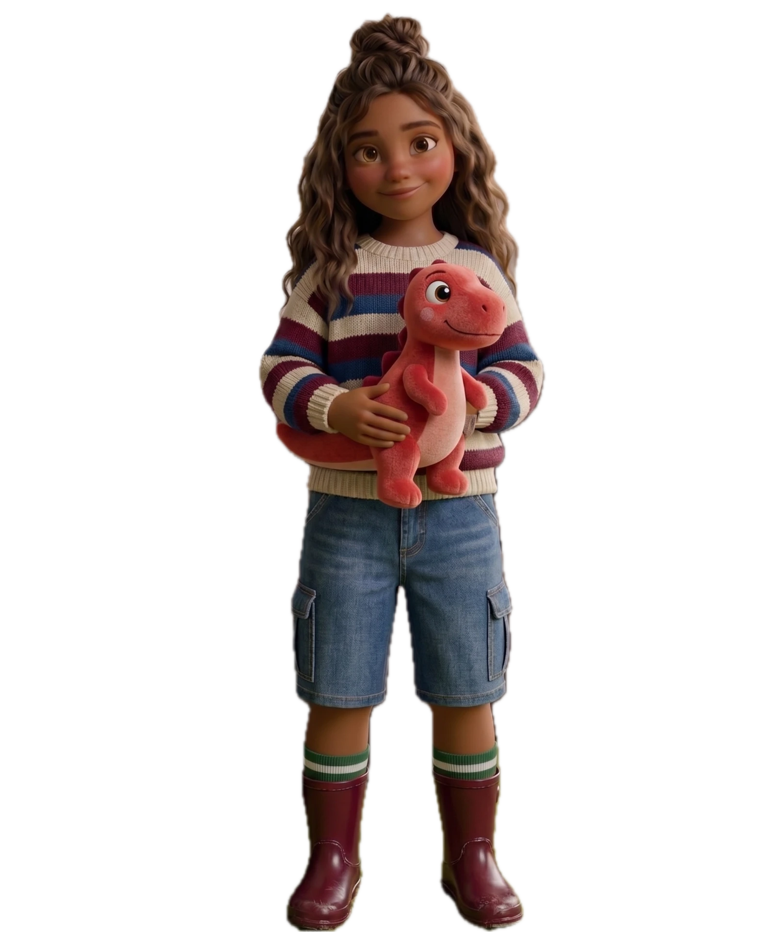 Zara as an illustrated character, holding her dinosaur