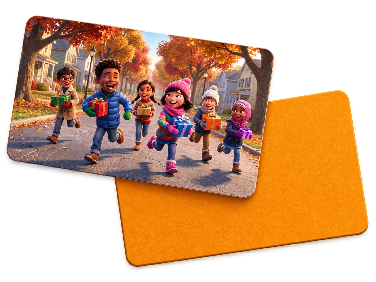 Two Nookly gift cards: one showing an illustration of six children of different backgrounds carrying wrapped presents down a tree-lined street, and one plain orange card behind it.
