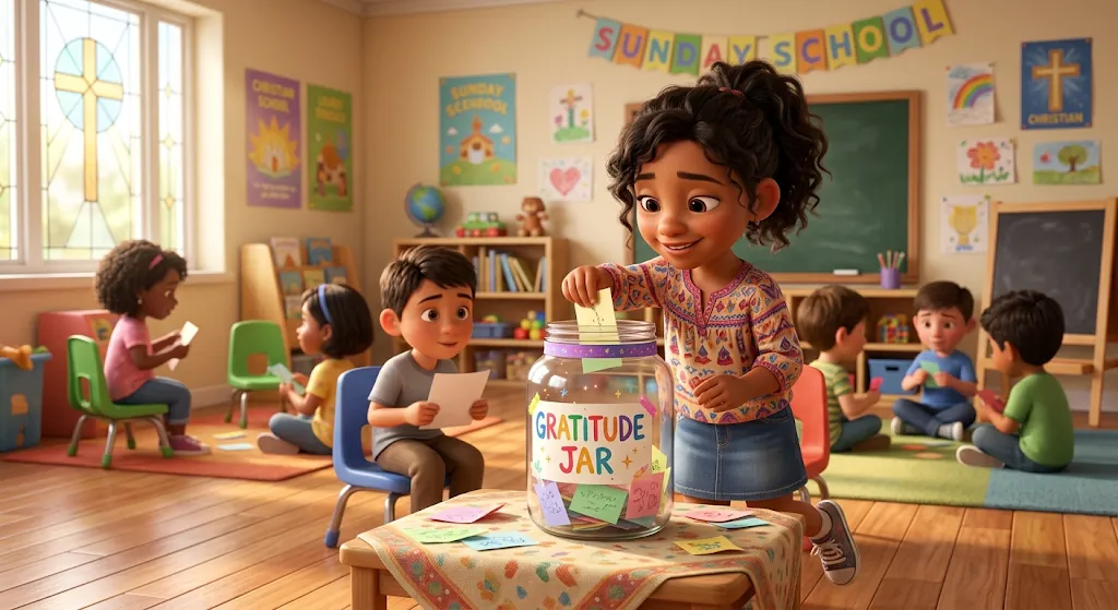 A girl adding a note to a gratitude jar in a Sunday school classroom