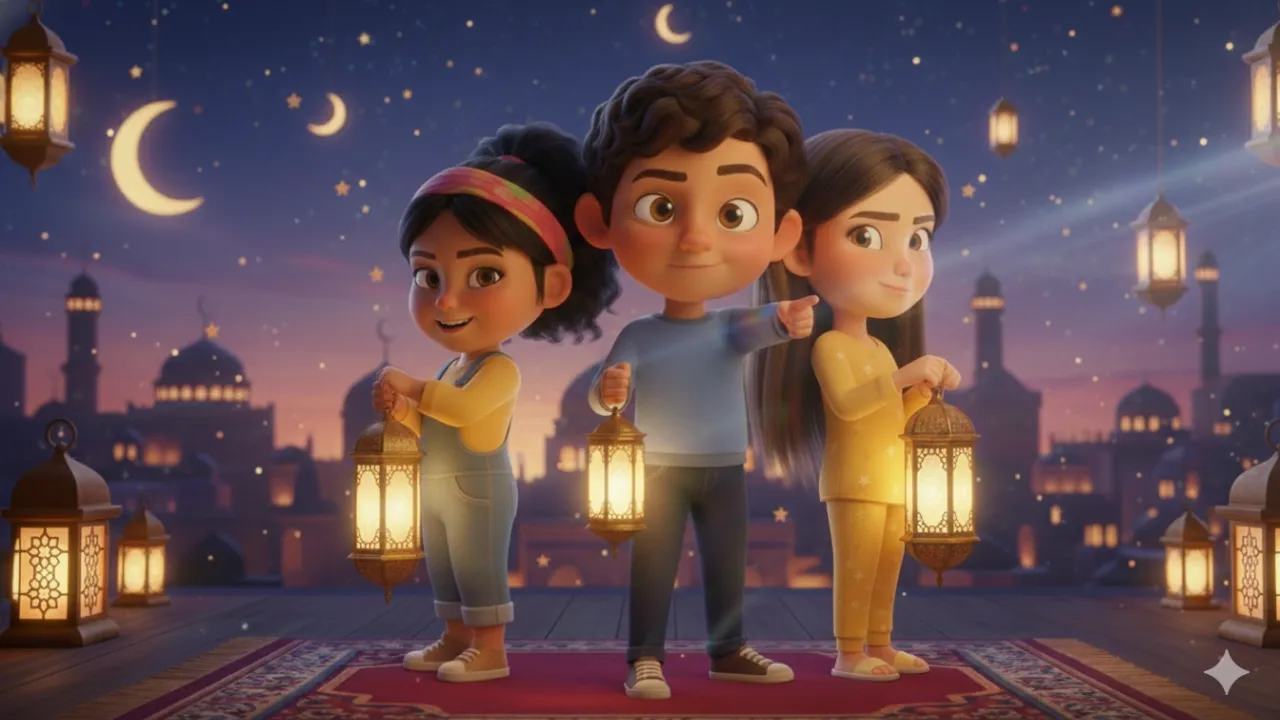 Three children holding glowing lanterns under a crescent moon on a Ramadan night