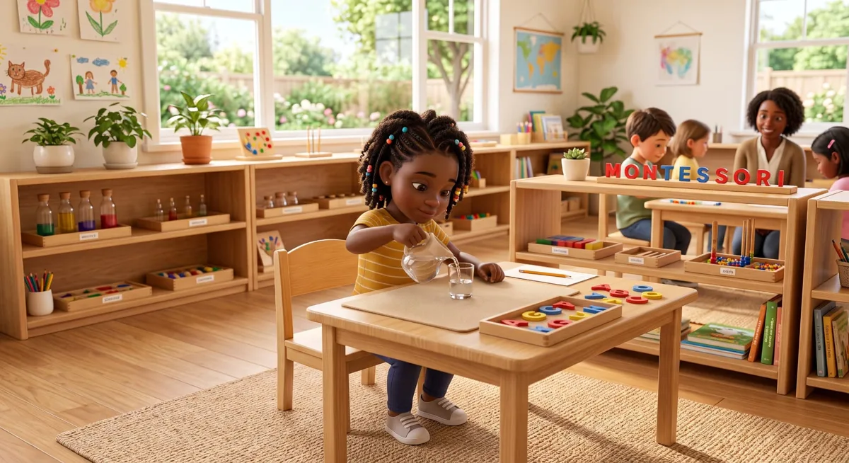 A girl carefully pouring water into a glass at a small table in a sunny Montessori classroom