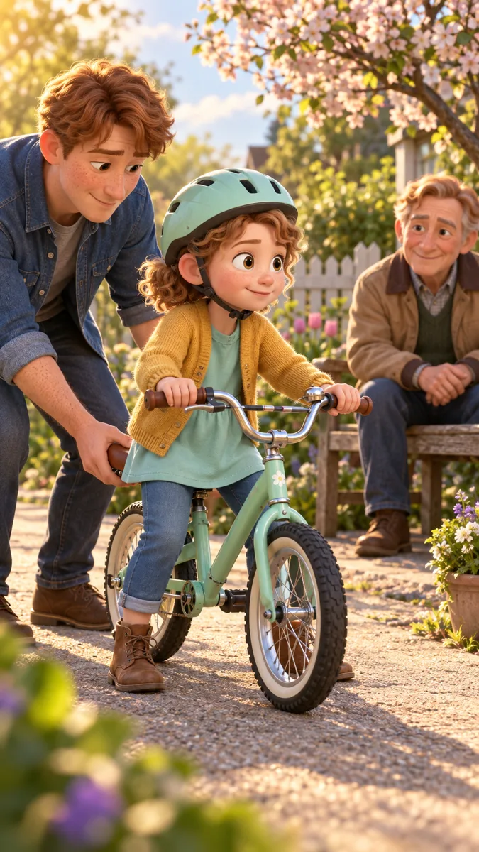 A girl in a helmet learning to ride a bike while her dad steadies the seat and grandpa watches