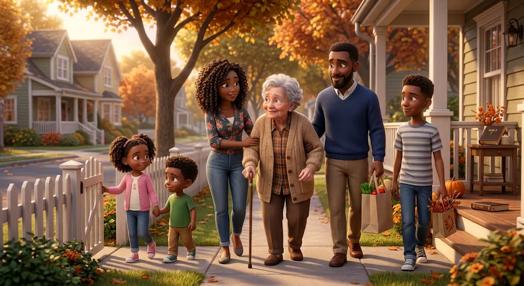 A family walking an elderly neighbor home, carrying groceries and gifts