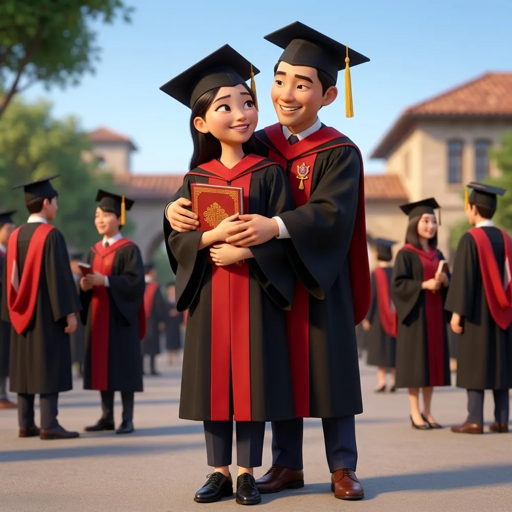 Two smiling graduates in caps and gowns hugging, one holding a red book, on a sunny campus