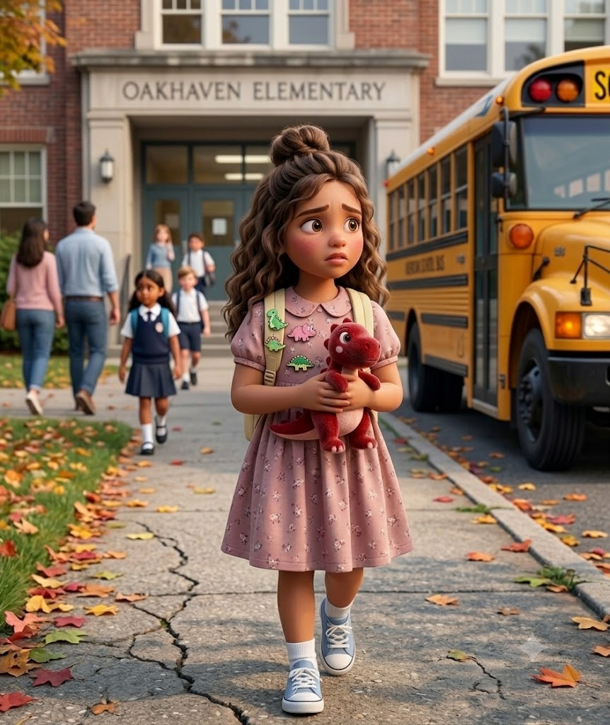 Storybook cover: a girl holding a toy dinosaur outside her school