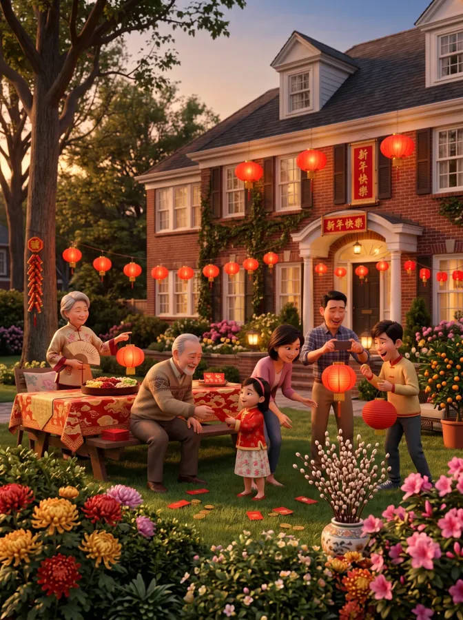 A grandfather giving a red envelope to a girl under red lanterns