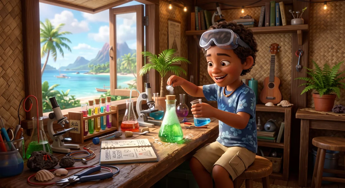 A boy in safety goggles happily mixing a fizzing green experiment in a seaside science nook
