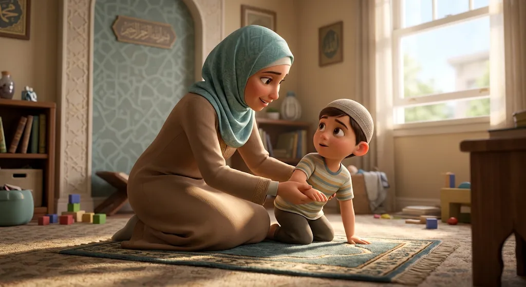 A mother in a hijab gently guiding her young son on a prayer rug at home