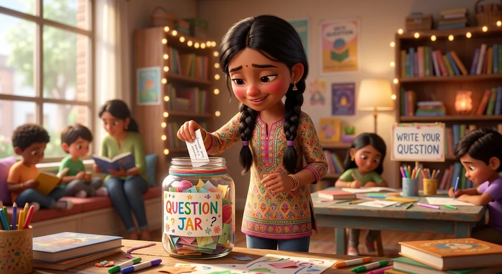 A girl dropping a folded question into a Question Jar
