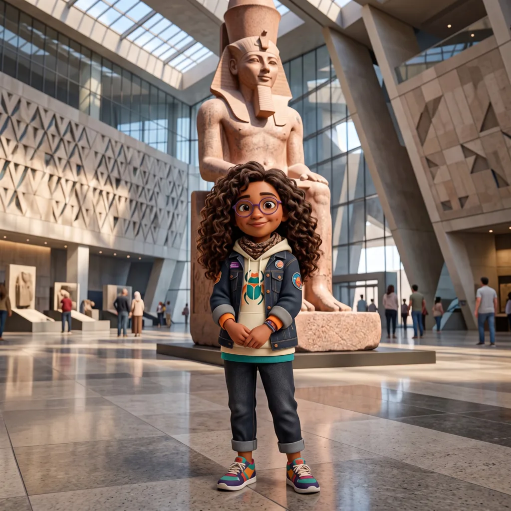 A girl in glasses standing in front of a giant pharaoh statue in a museum