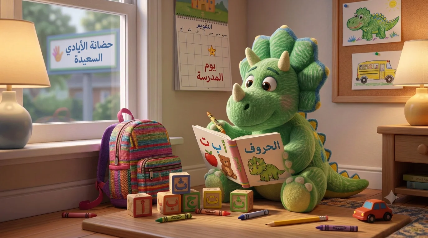 Illustrated dinosaur reading an Arabic alphabet book in a playroom